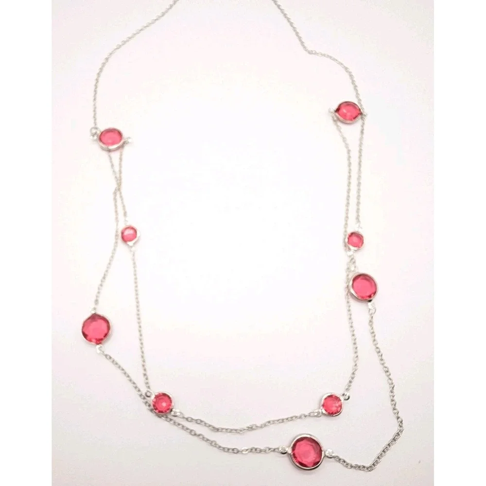 Handmade Pink Crystal‎ Station Necklace Silver Tone Layered Fashion Jewelry